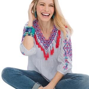 Chico's‎ Striped Cotton Popover Top Embroidered Beaded Tassels Size XL/16 Boho